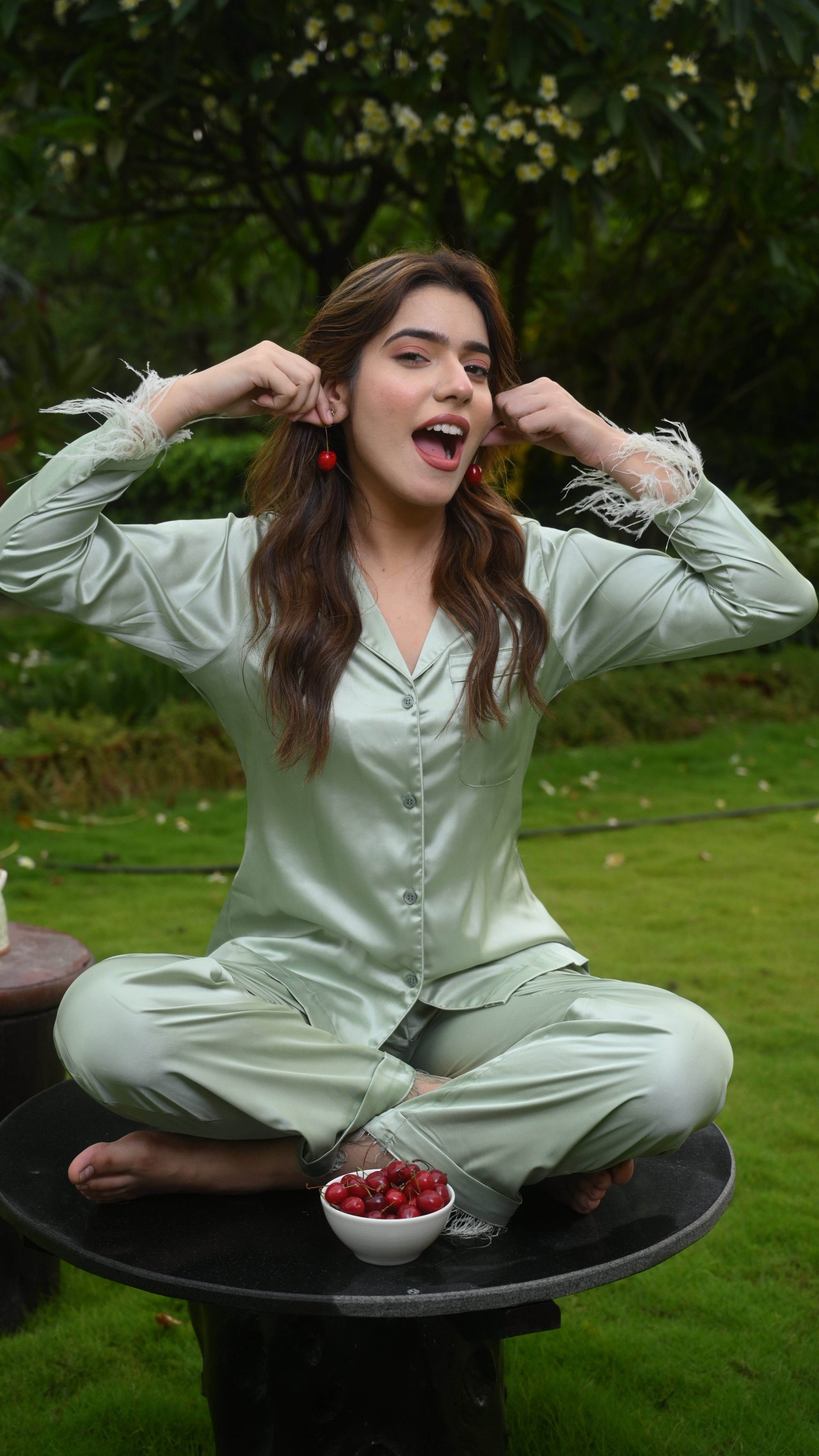 GACIAMI Willow Feather Satin Loungewear - Front View