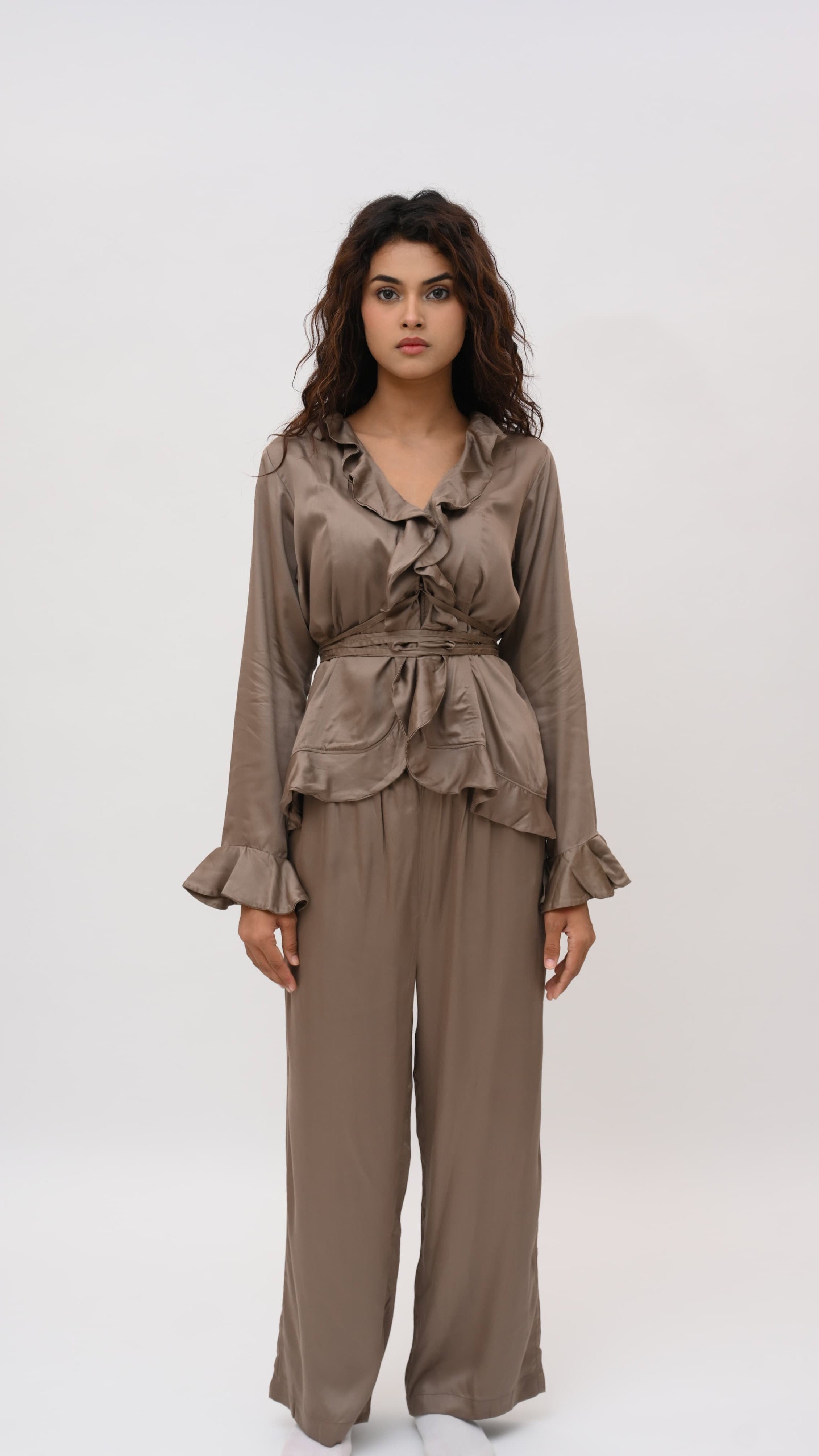 Mocha Ruffle Modal Satin Loungewear