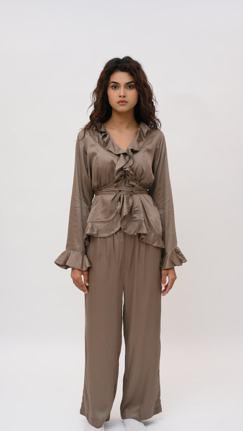 Mocha Ruffle Modal Satin Loungewear