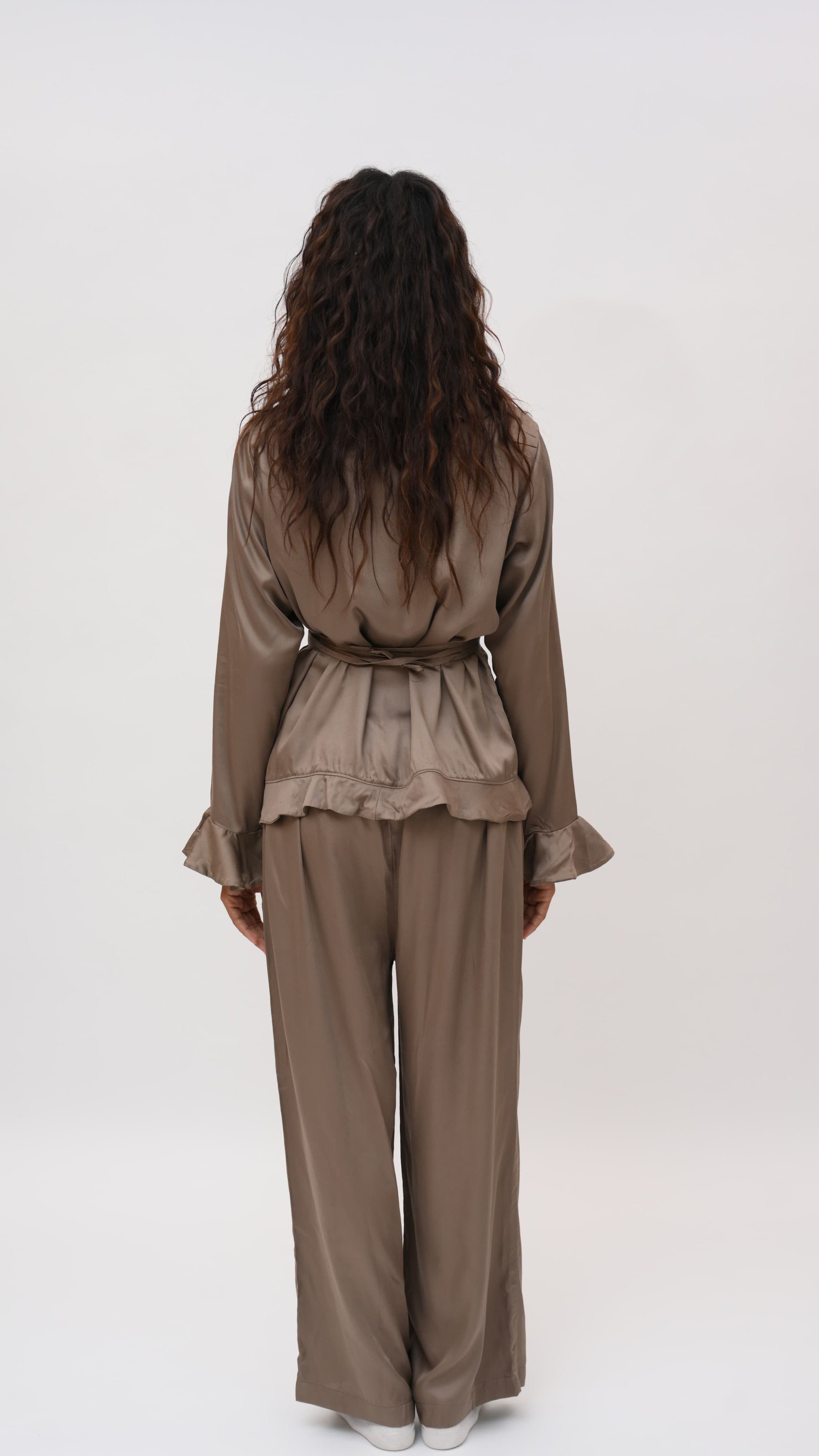 Mocha Ruffle Modal Satin Loungewear
