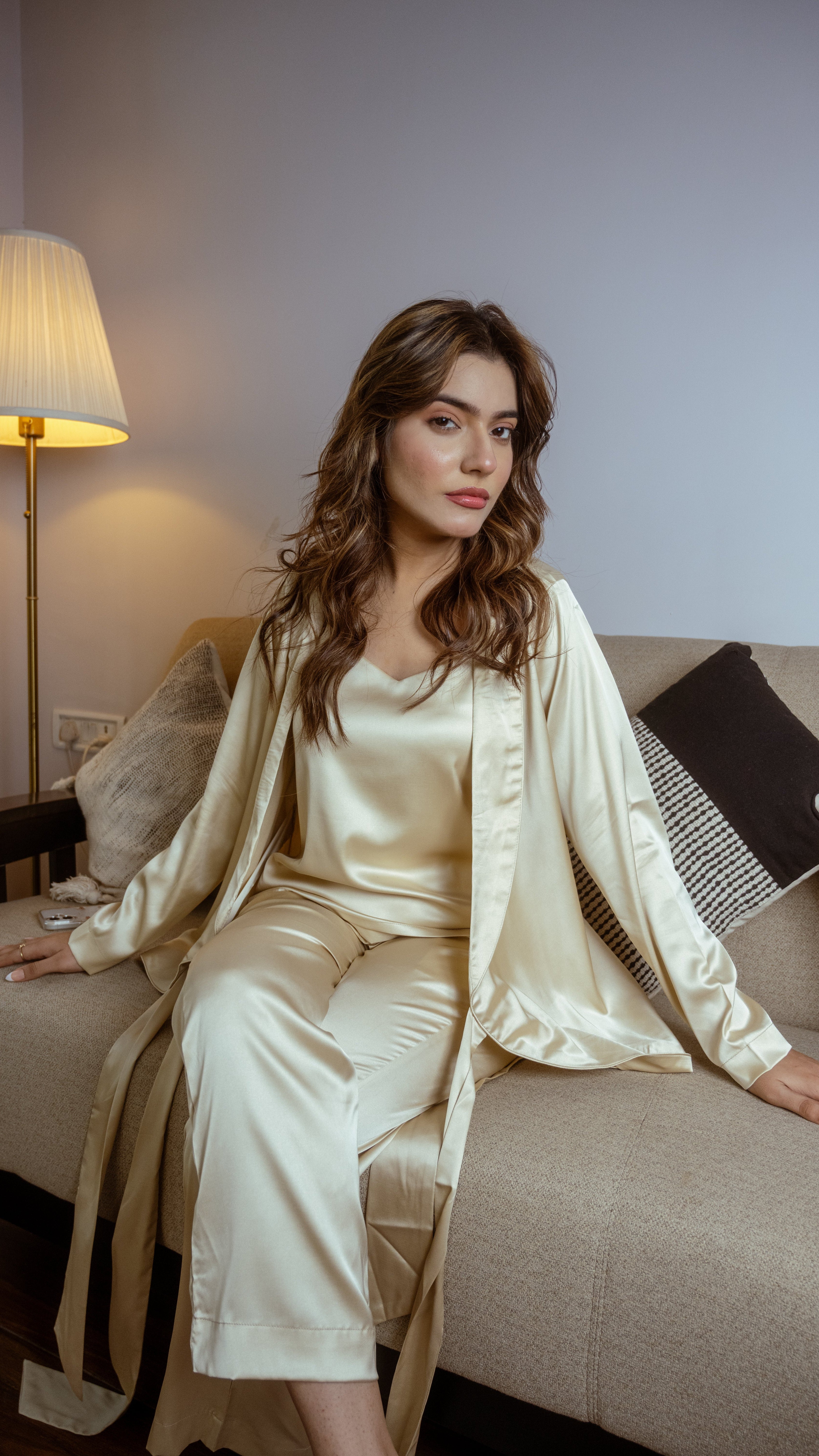 GACIAMI Pearl Satin 3-Piece Robe Loungewear - Front View