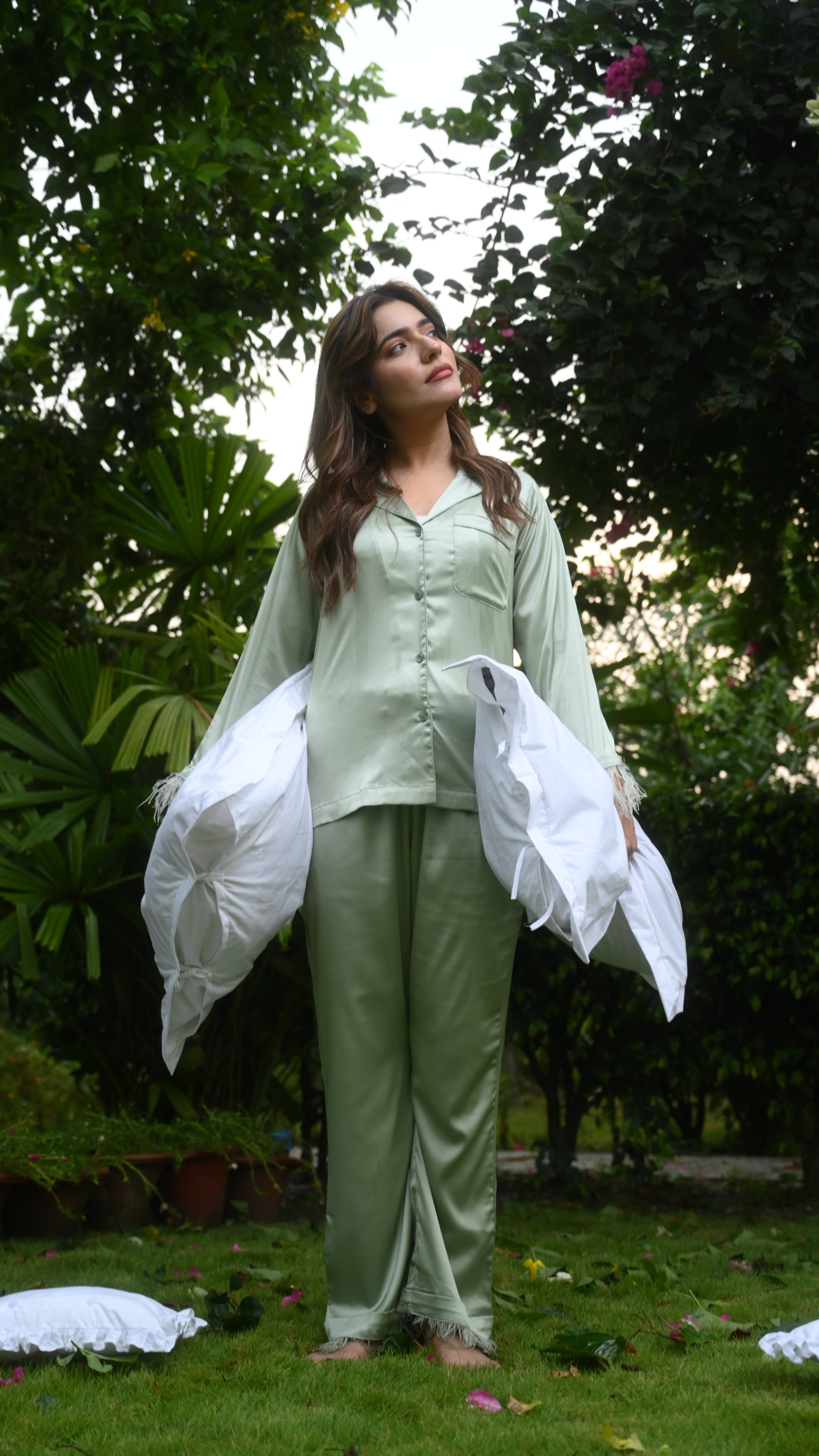 GACIAMI Willow Feather Satin Loungewear - Detail View