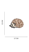 An embroidered hedgehog patch shown on a white background with dimension lines indicating 2.5 cm height and 3.7 cm width.