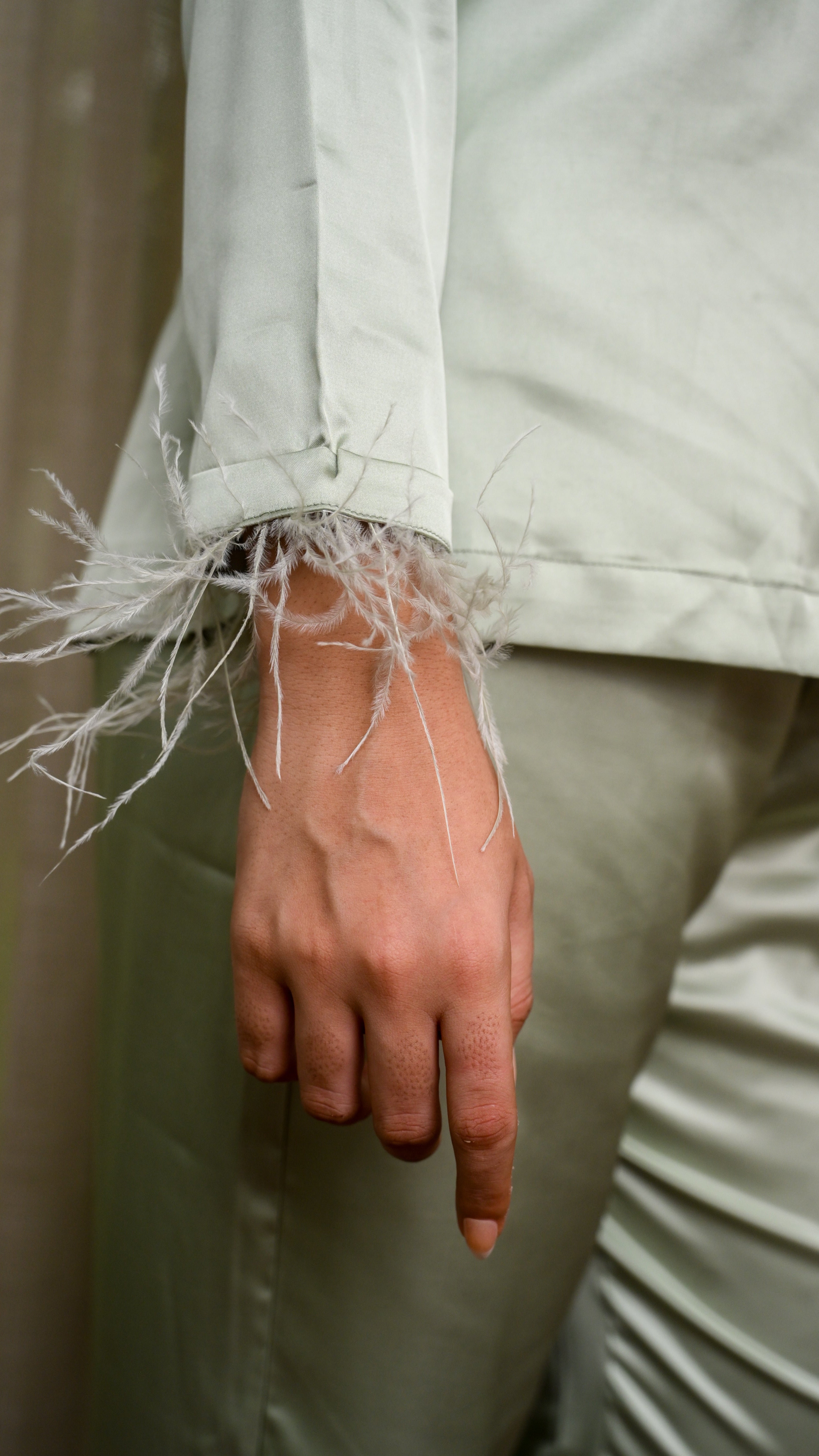 GACIAMI Willow Feather Satin Loungewear - Close Up