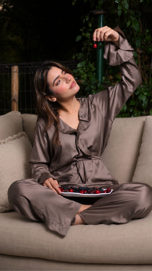 GACIAMI Mocha Ruffle Modal Satin Loungewear - Front View